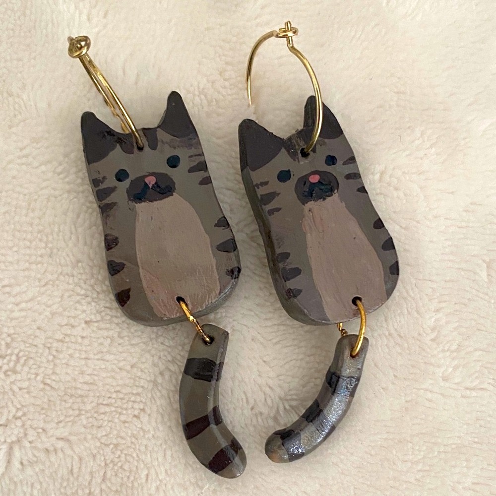 Whimsical Cat Earrings - Brown and Black